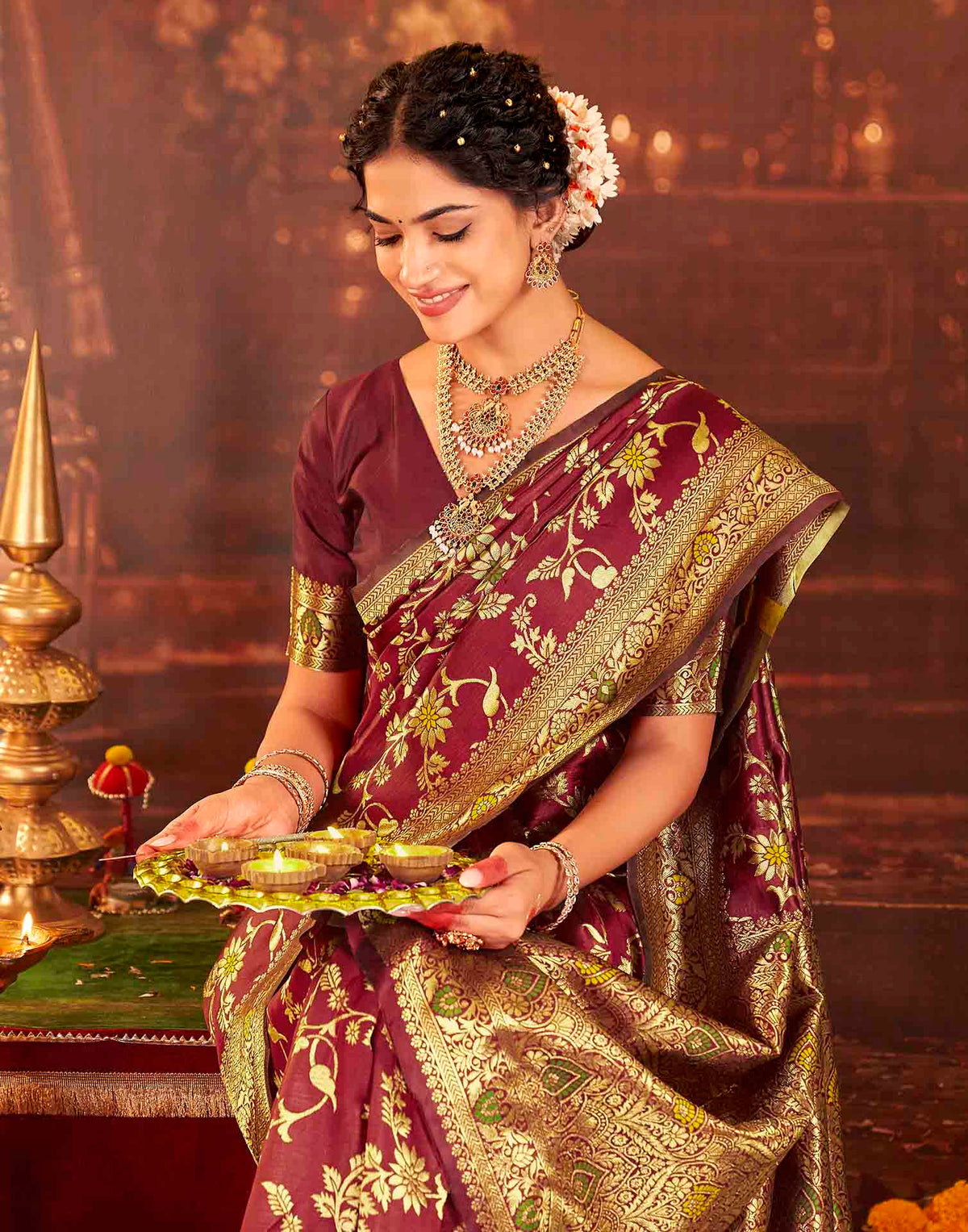 Maroon Silk Woven Banarasi Saree