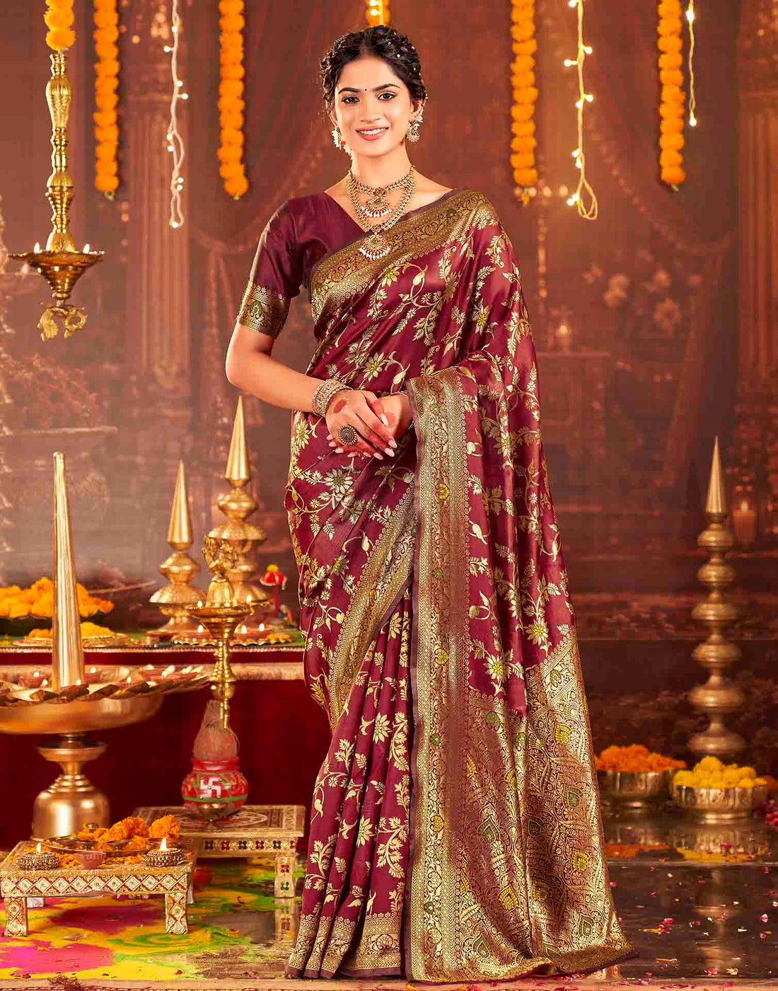 Maroon Silk Woven Banarasi Saree