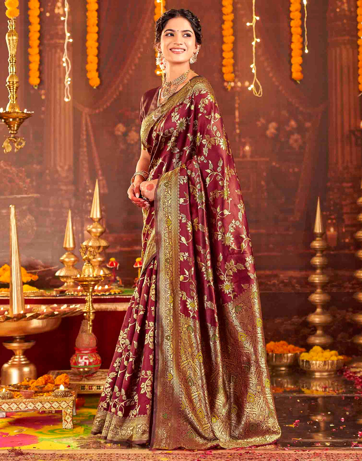 Maroon Silk Woven Banarasi Saree