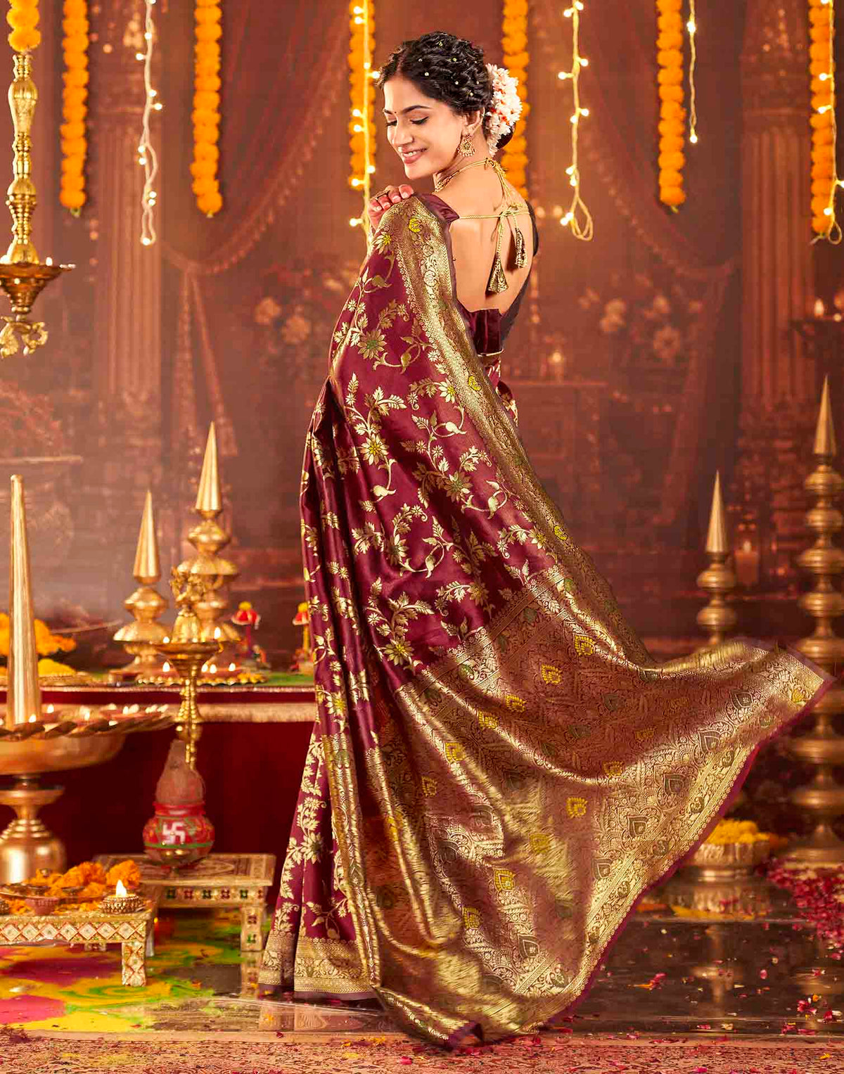 Maroon Silk Woven Banarasi Saree