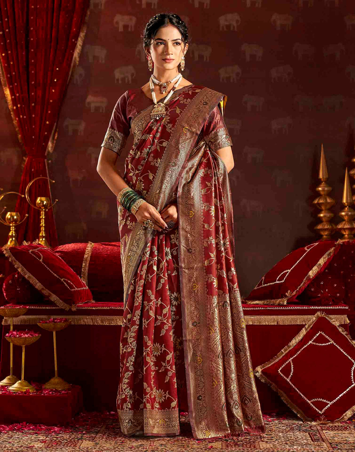 Maroon Silk Woven Banarasi Saree