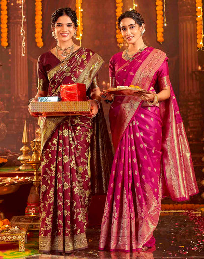 Maroon Silk Woven Banarasi Saree