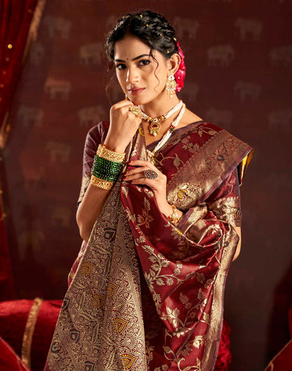 Maroon Silk Woven Banarasi Saree