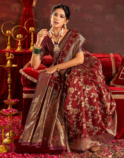 Maroon Silk Woven Banarasi Saree