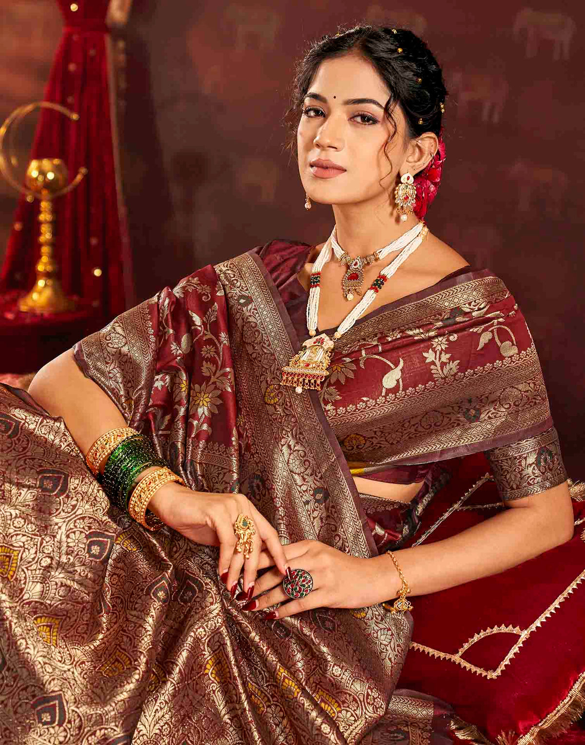 Maroon Silk Woven Banarasi Saree