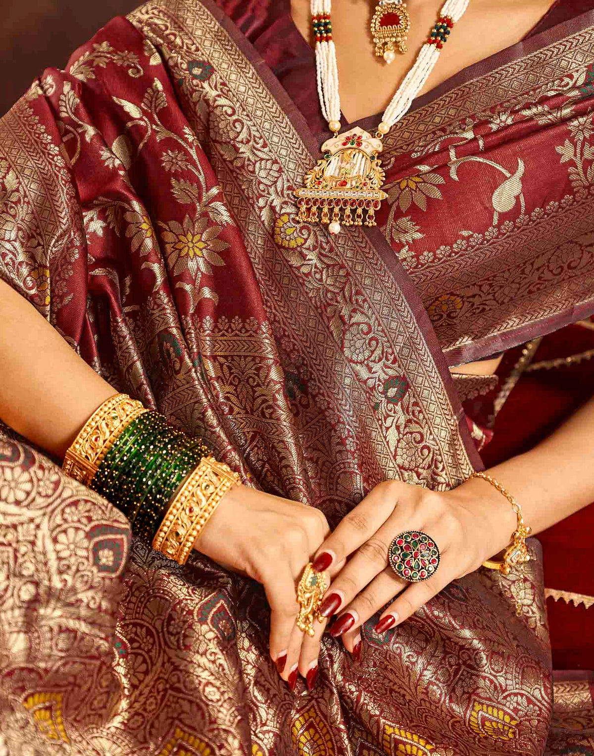 Maroon Silk Woven Banarasi Saree