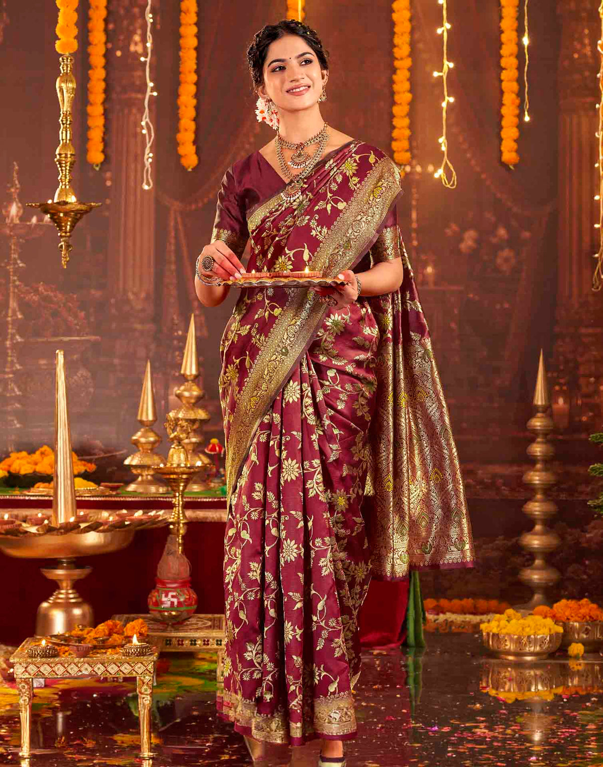 Maroon Silk Woven Banarasi Saree