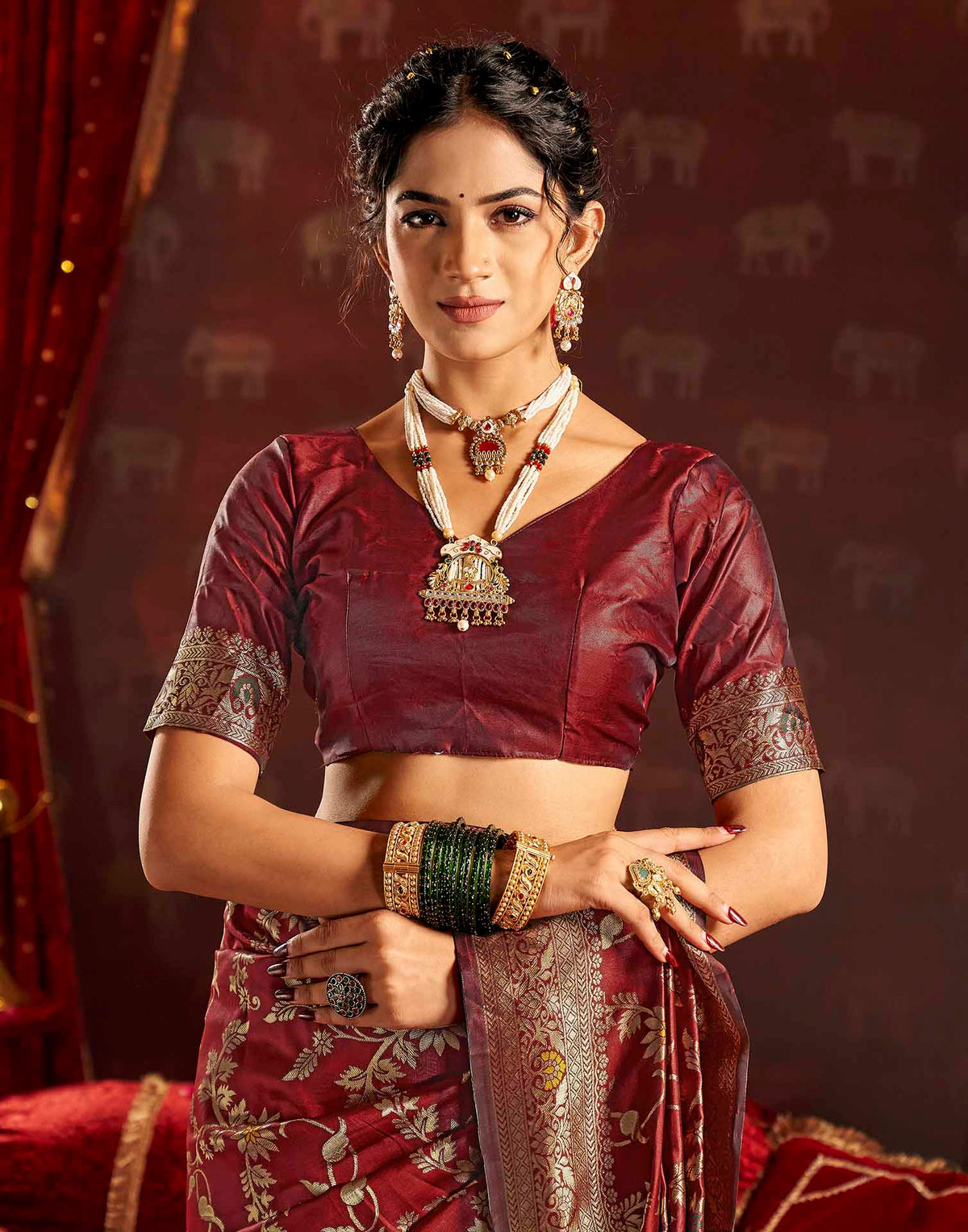 Maroon Silk Woven Banarasi Saree