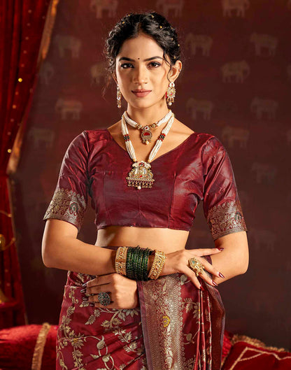 Maroon Silk Woven Banarasi Saree