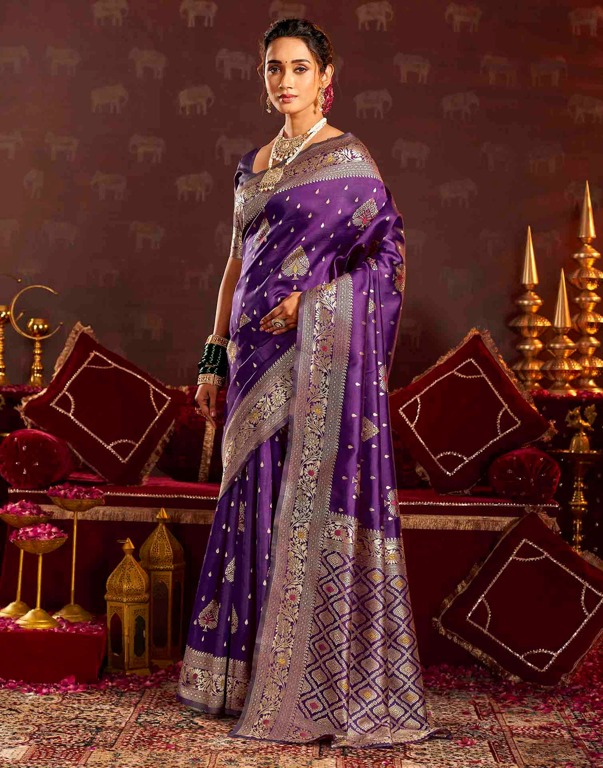 Wine Silk Woven Banarasi Saree