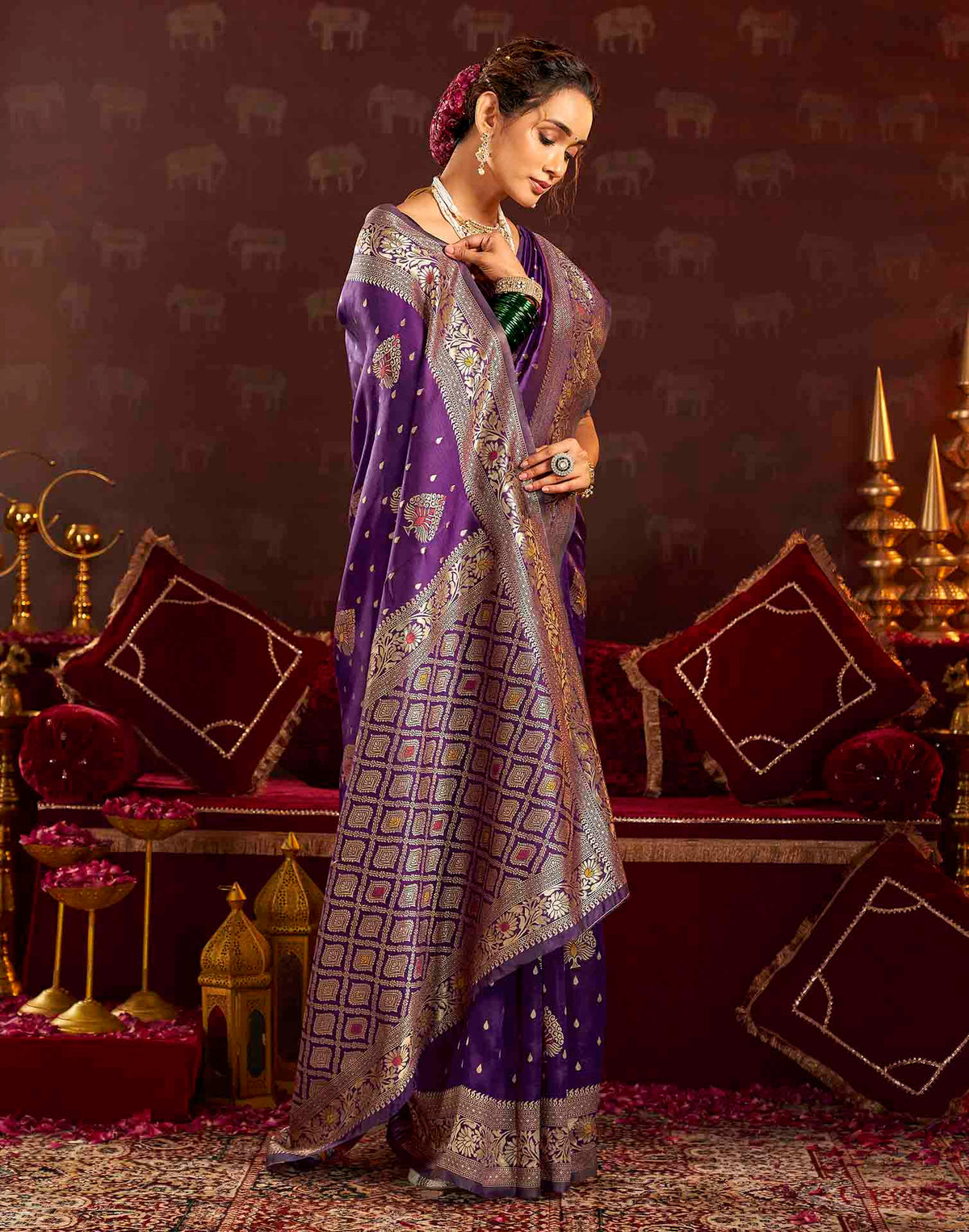 Wine Silk Woven Banarasi Saree