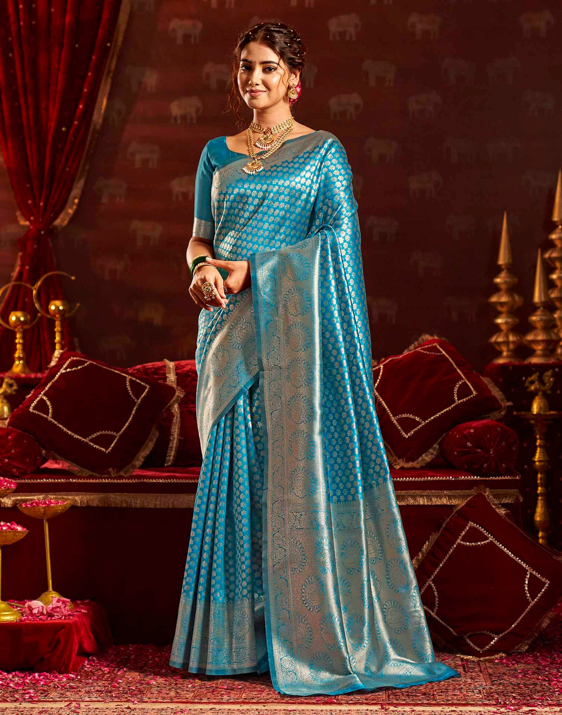 Sea Blue Silk Woven Banarasi Saree