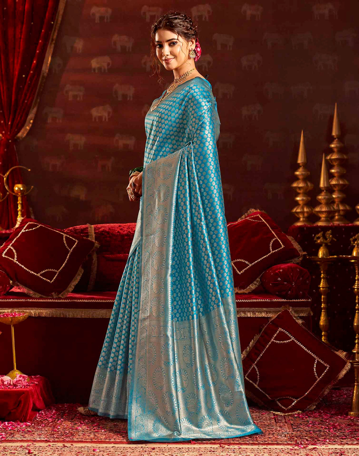 Sea Blue Silk Woven Banarasi Saree