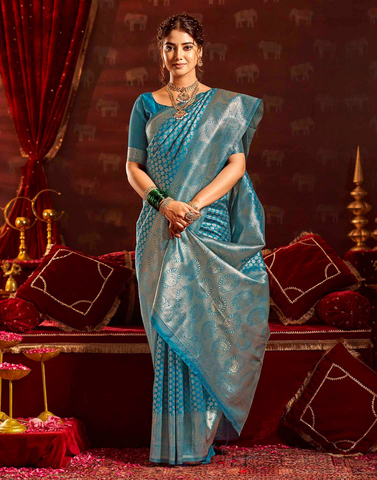 Sea Blue Silk Woven Banarasi Saree