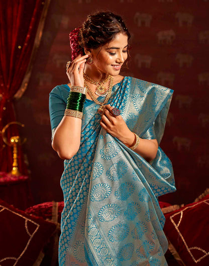 Sea Blue Silk Woven Banarasi Saree