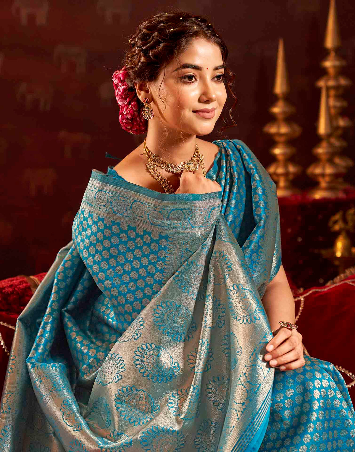 Sea Blue Silk Woven Banarasi Saree