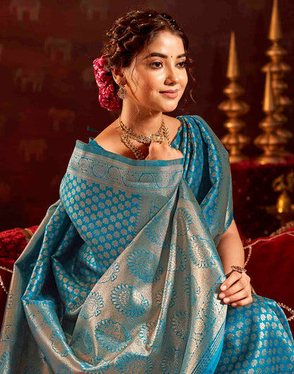 Sea Blue Silk Woven Banarasi Saree
