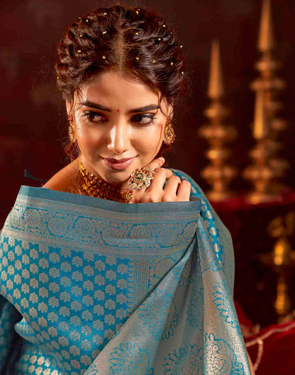 Sea Blue Silk Woven Banarasi Saree