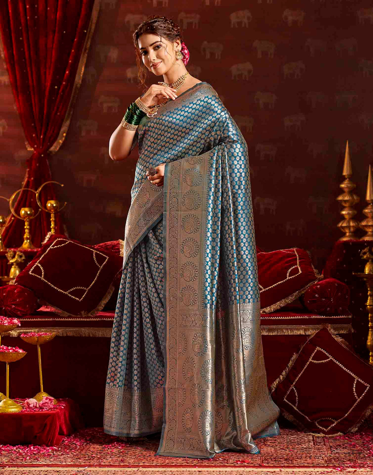 Dark Blue Silk Woven Banarasi Saree