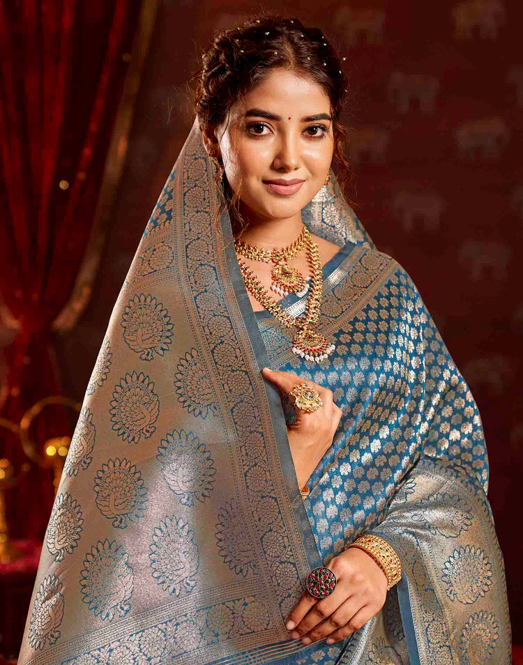 Dark Blue Silk Woven Banarasi Saree