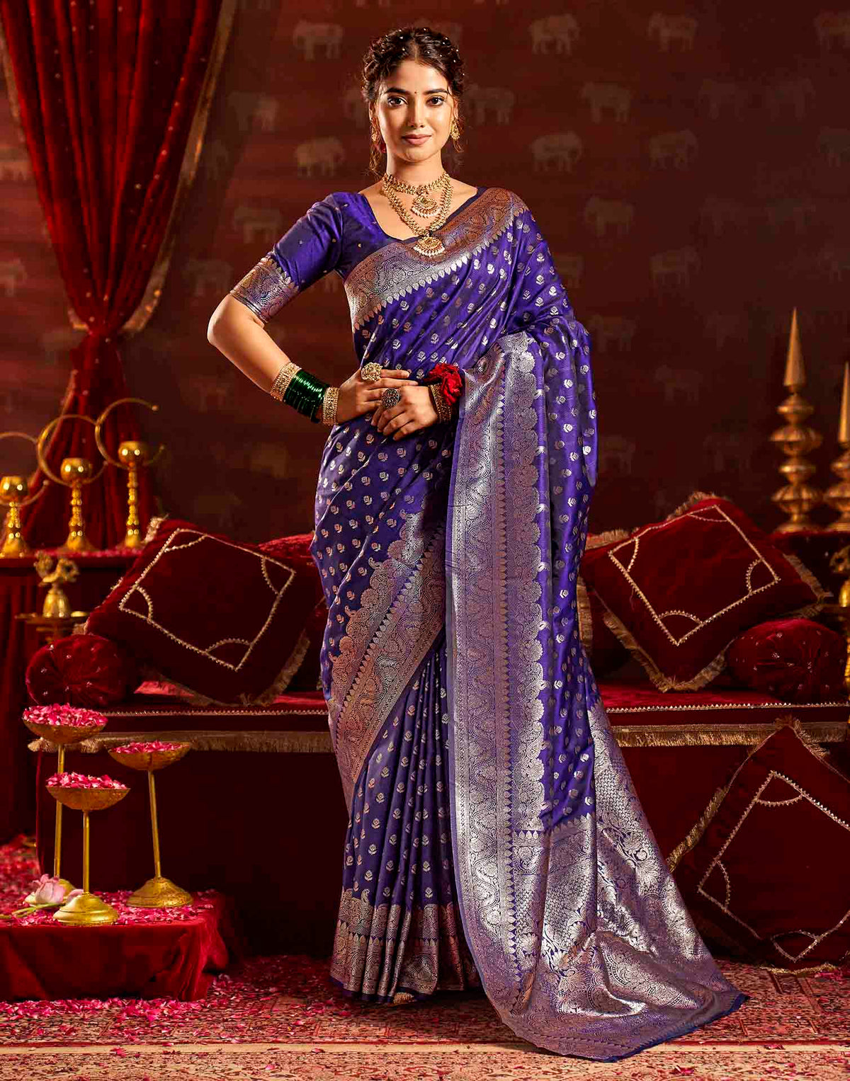 Navy Blue Silk Woven Banarasi Saree