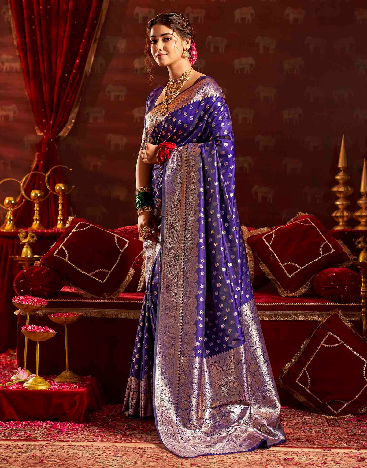Navy Blue Silk Woven Banarasi Saree