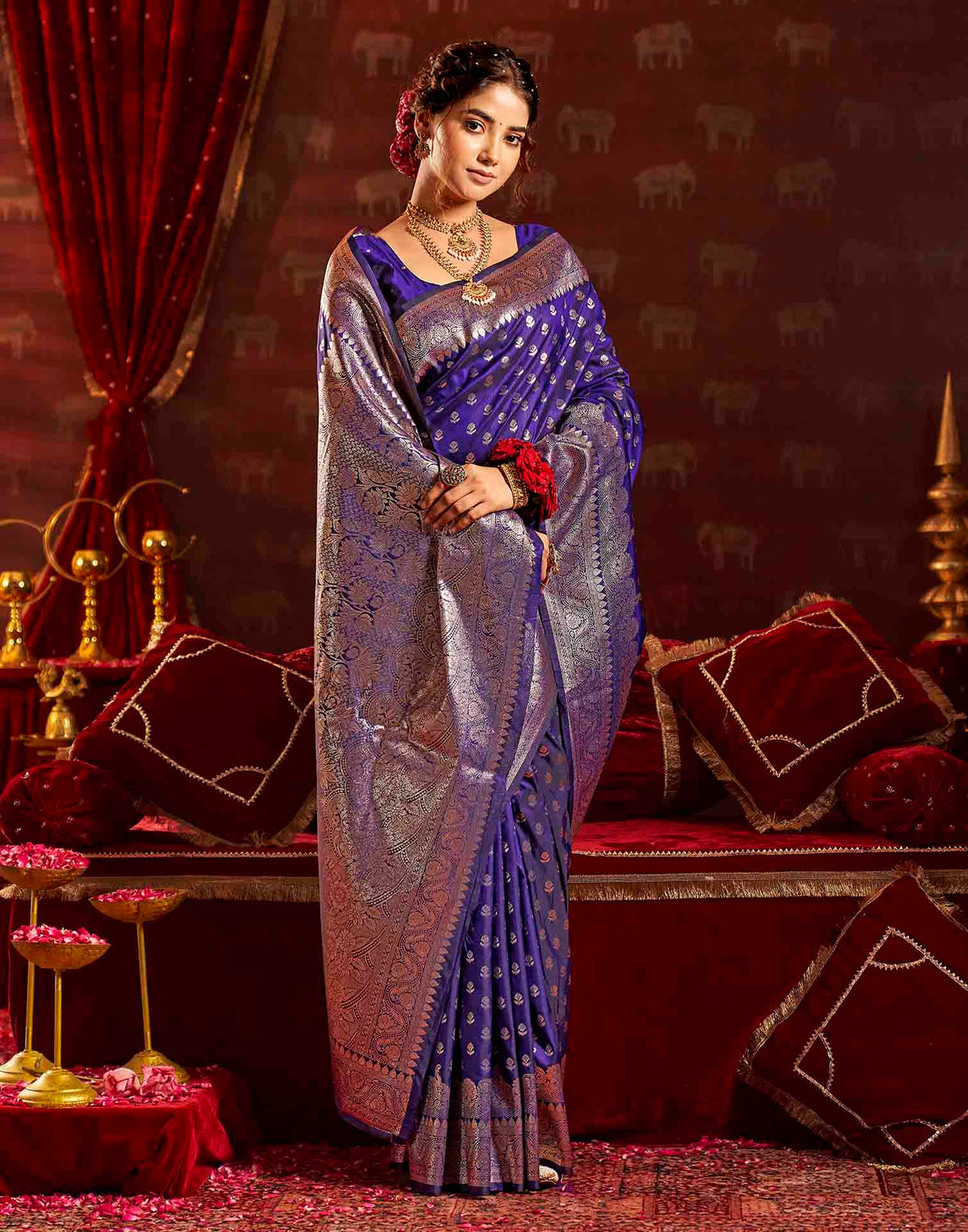 Navy Blue Silk Woven Banarasi Saree