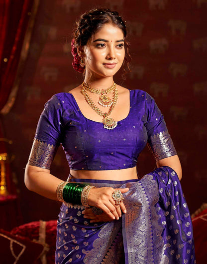 Navy Blue Silk Woven Banarasi Saree