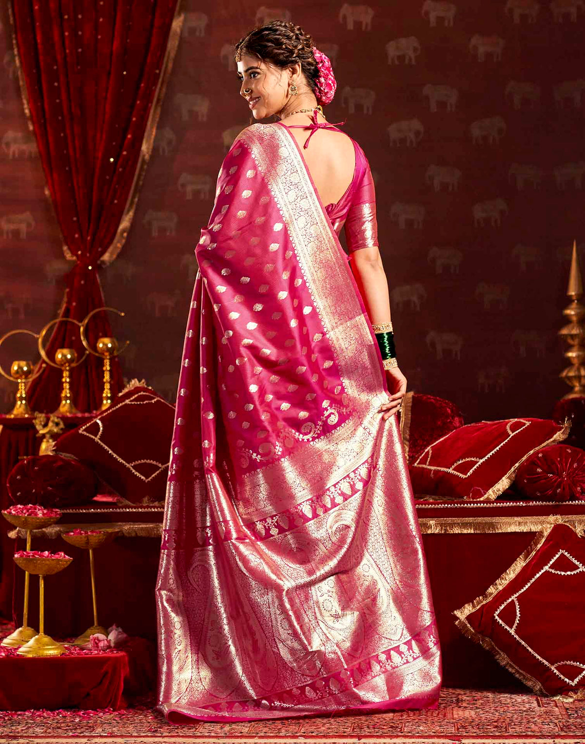Dark Pink Silk Woven Banarasi Saree