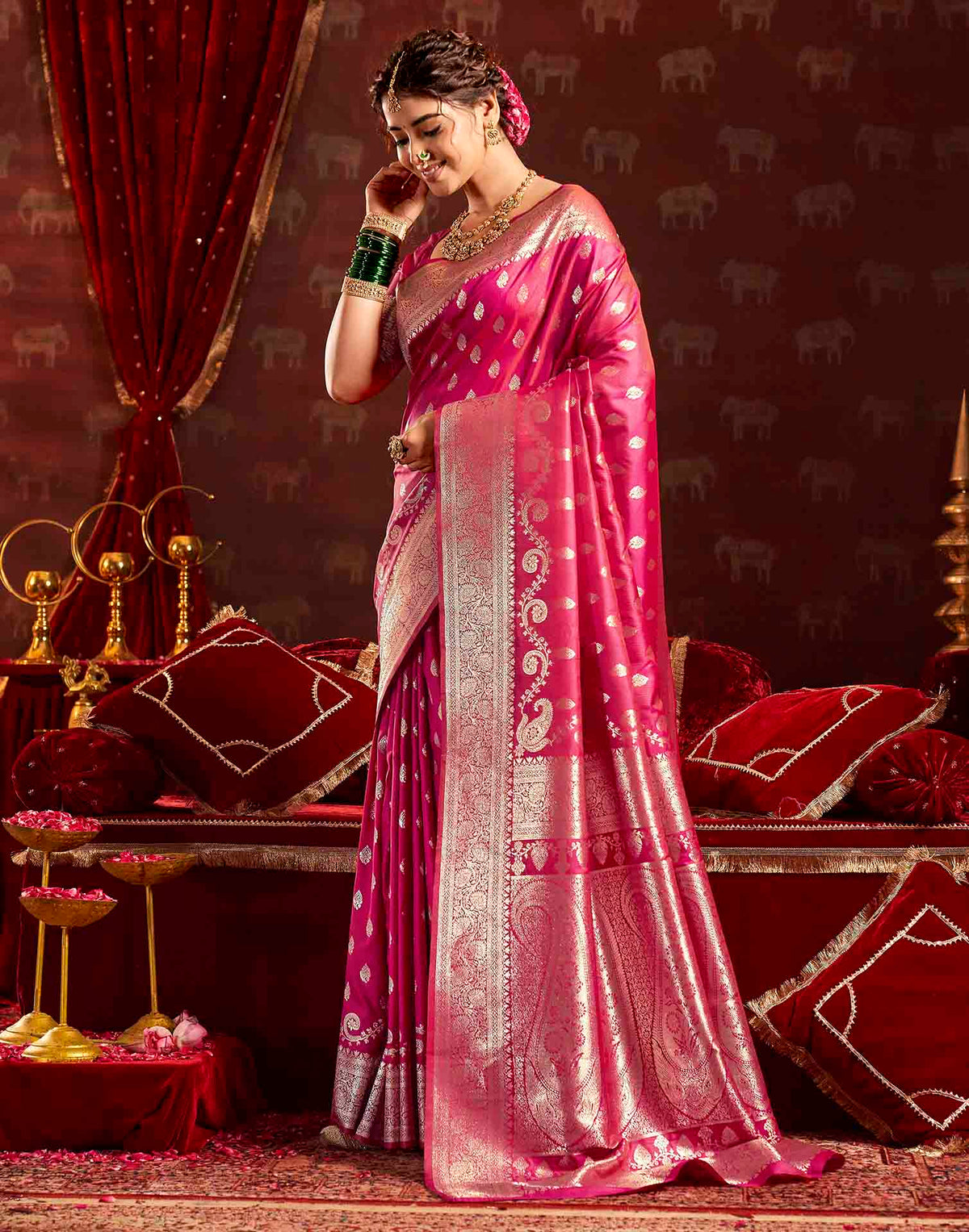 Dark Pink Silk Woven Banarasi Saree