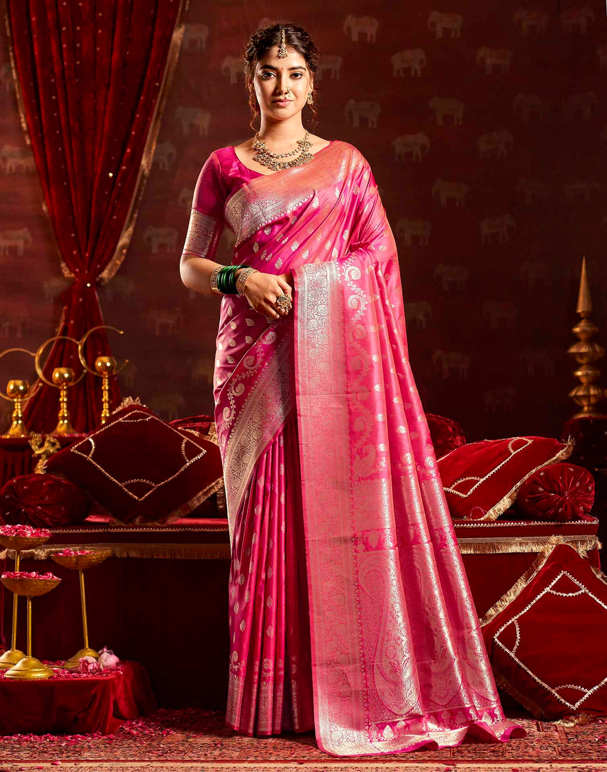 Dark Pink Silk Woven Banarasi Saree