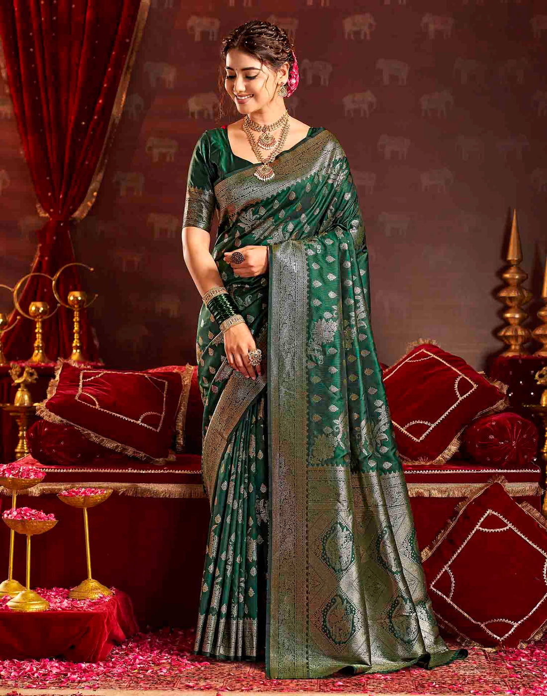 Dark Green Silk Woven Banarasi Saree