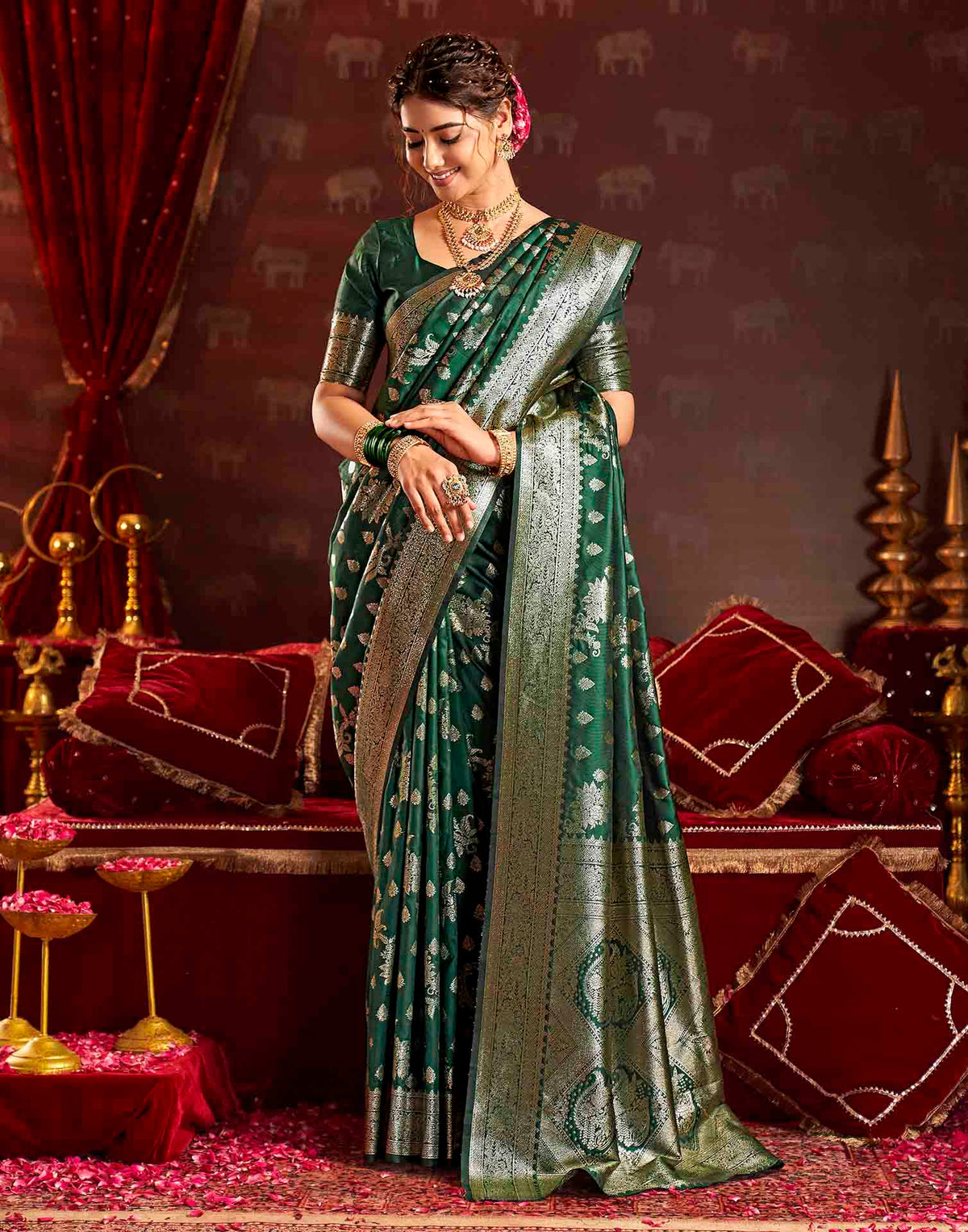 Dark Green Silk Woven Banarasi Saree