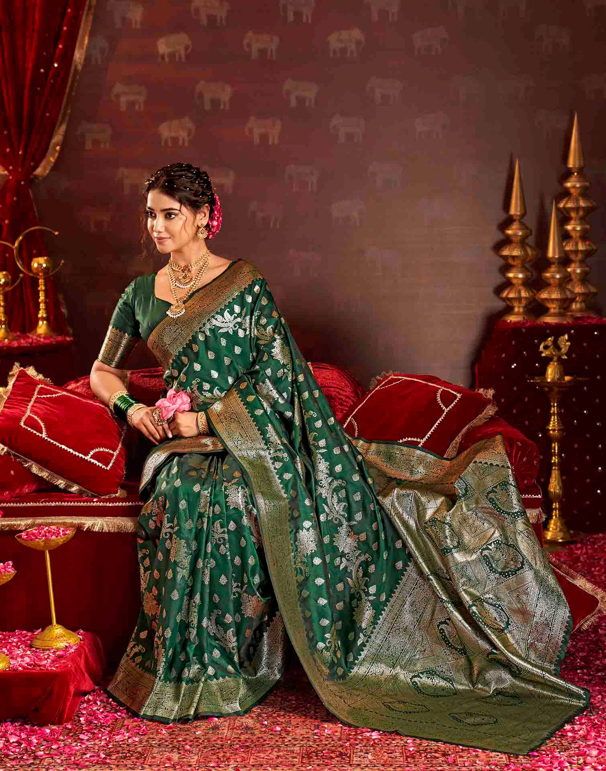 Dark Green Silk Woven Banarasi Saree