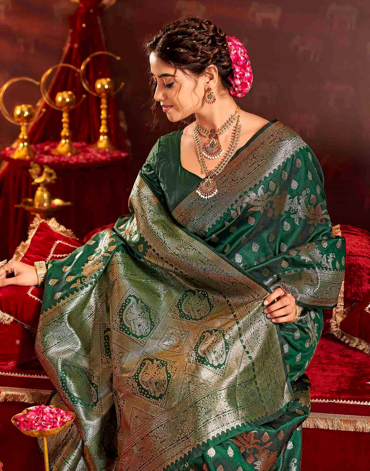 Dark Green Silk Woven Banarasi Saree