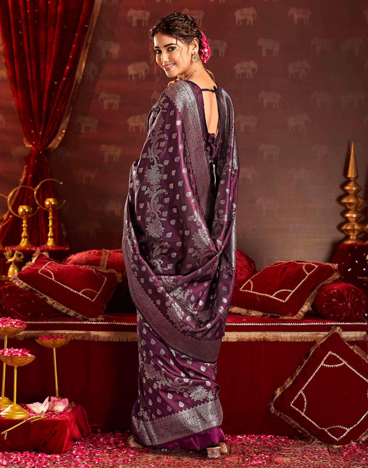 Wine Silk Woven Banarasi Saree