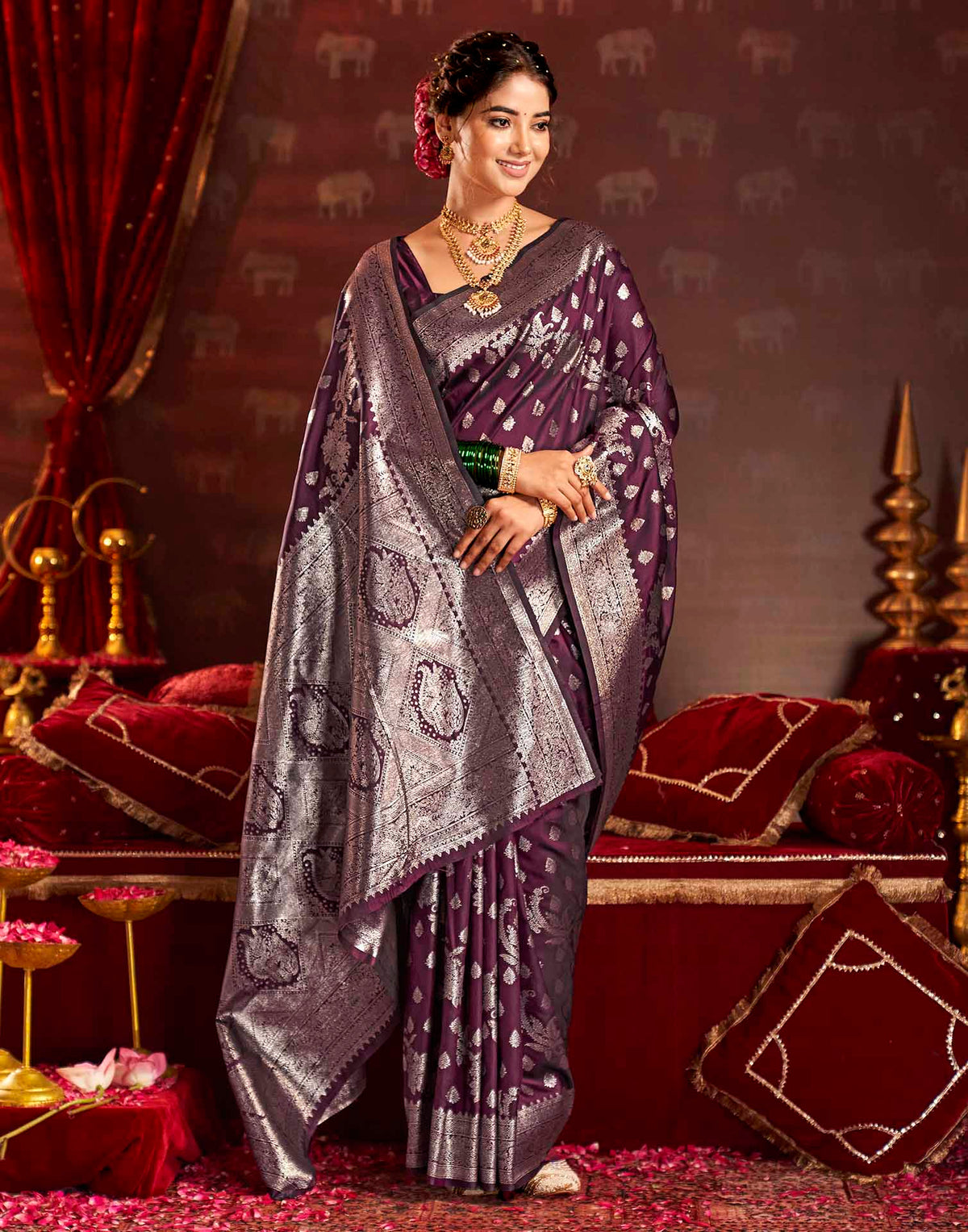 Wine Silk Woven Banarasi Saree