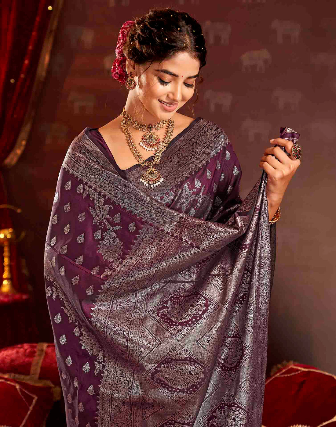 Wine Silk Woven Banarasi Saree