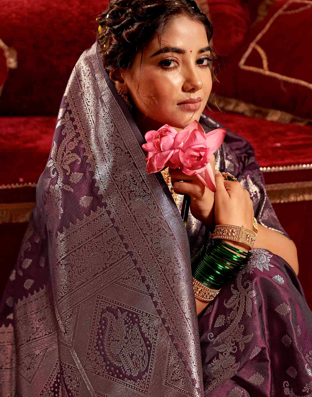 Wine Silk Woven Banarasi Saree