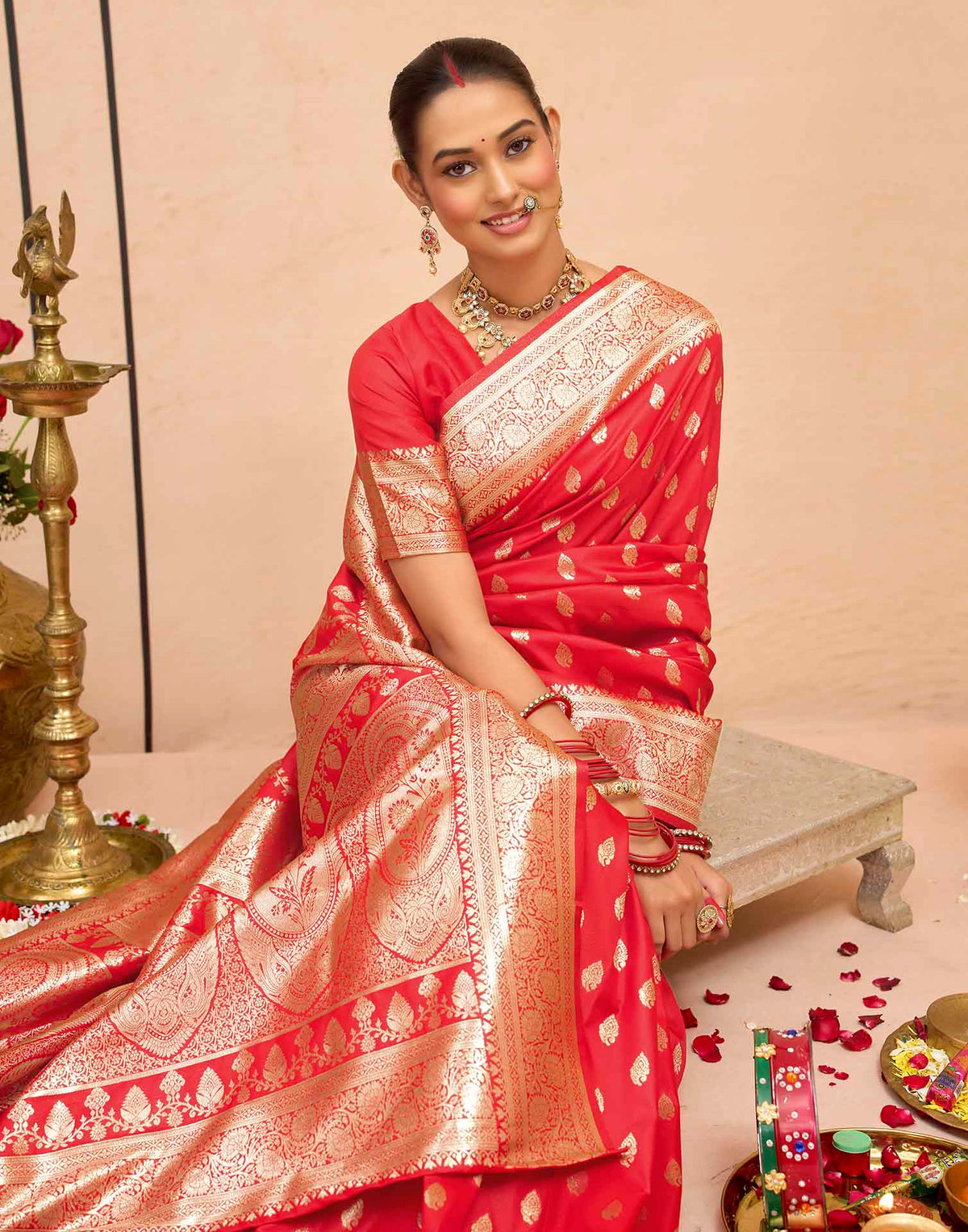 Dark Red Silk Woven Banarasi Saree