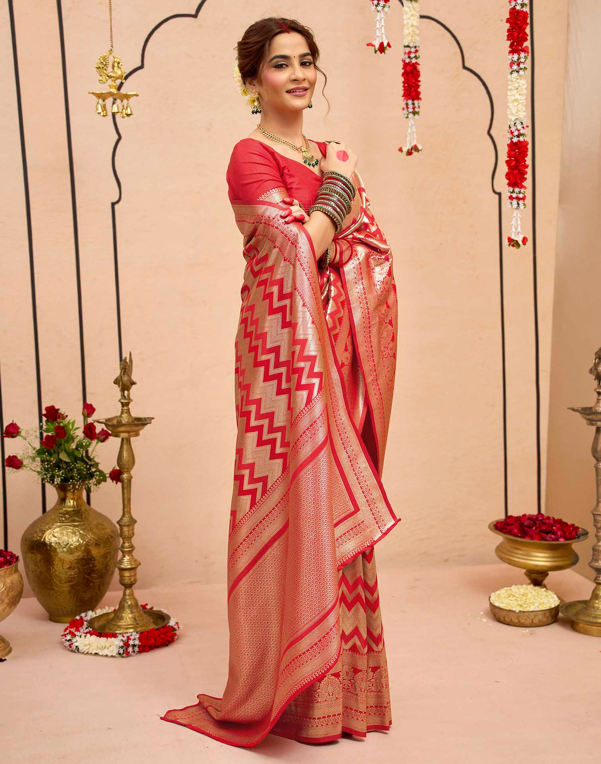 Dark Red Silk Woven Banarasi Saree