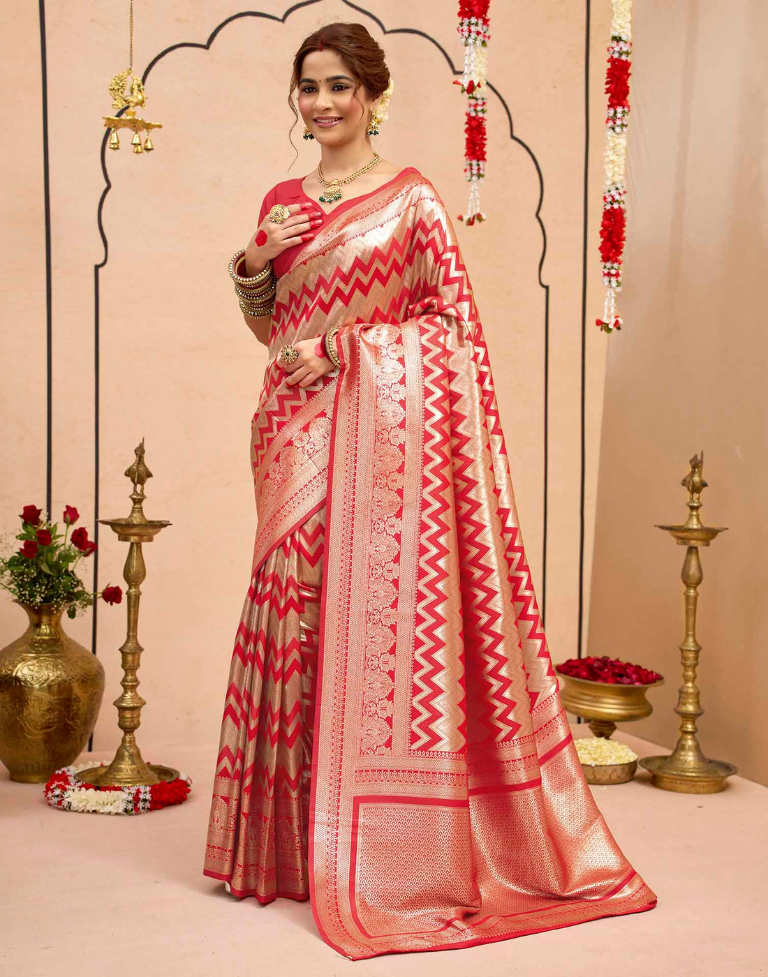 Dark Red Silk Woven Banarasi Saree