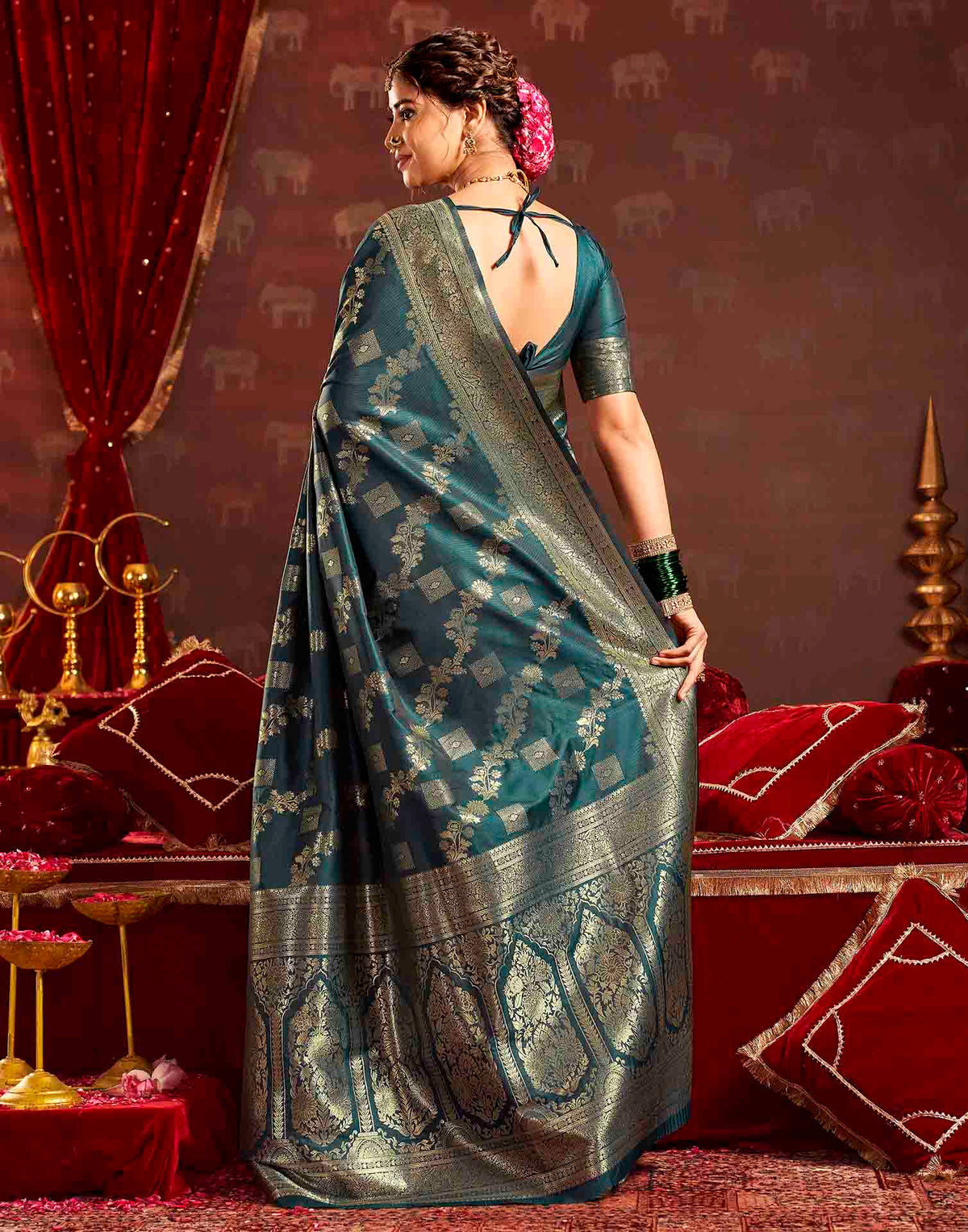 Teal Blue Silk Woven Banarasi Saree