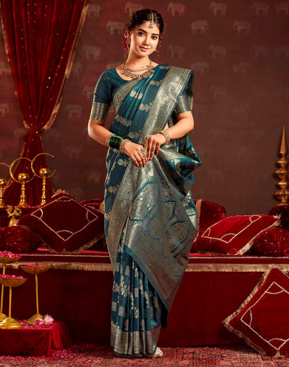 Teal Blue Silk Woven Banarasi Saree