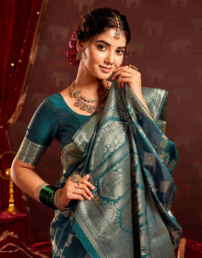 Teal Blue Silk Woven Banarasi Saree