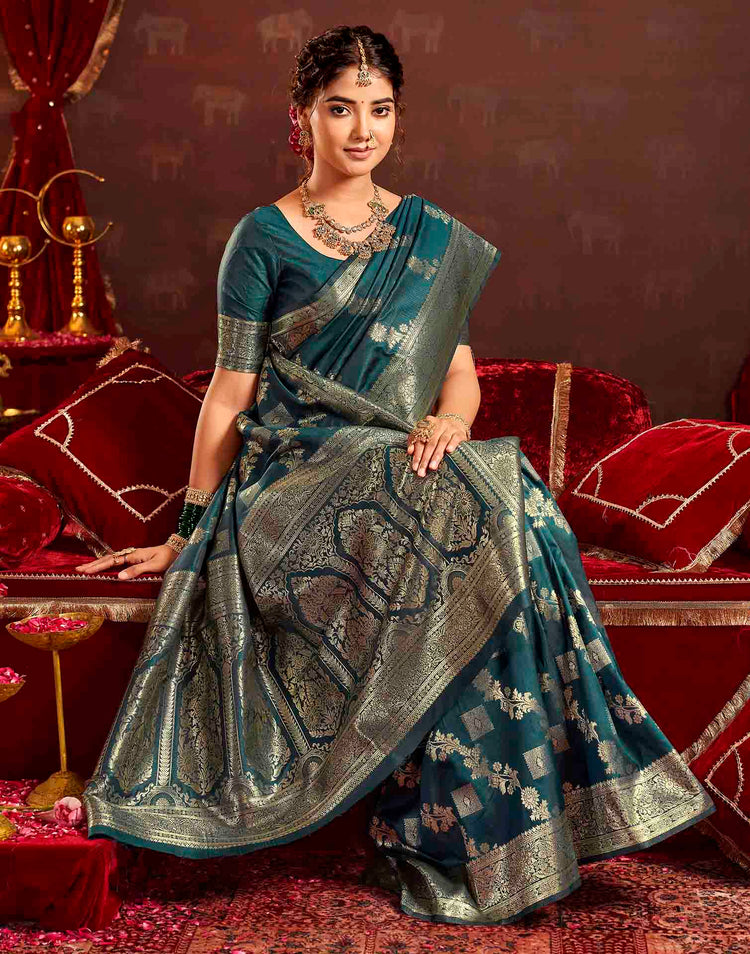 Teal Blue Silk Woven Banarasi Saree