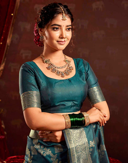 Teal Blue Silk Woven Banarasi Saree