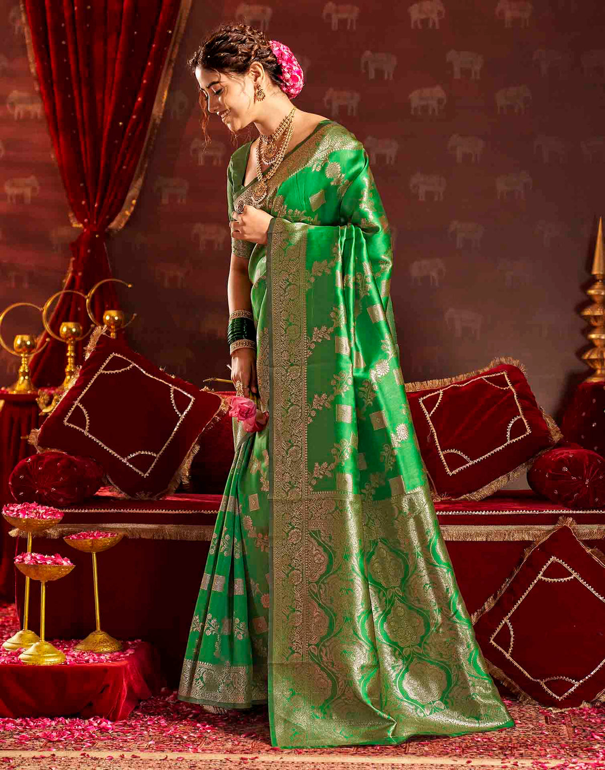 Parrot Green Silk Woven Banarasi Saree