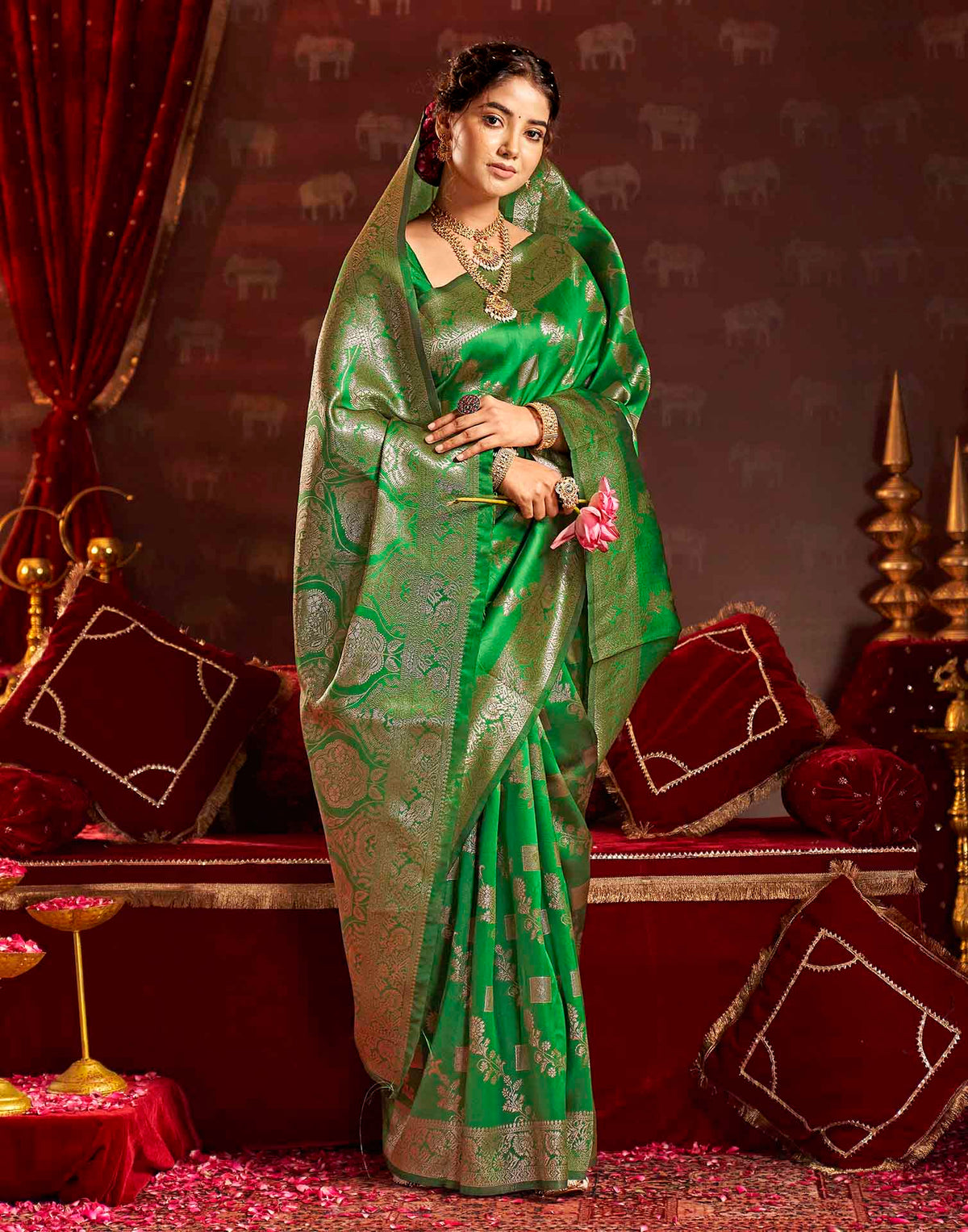 Parrot Green Silk Woven Banarasi Saree