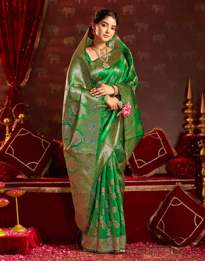 Parrot Green Silk Woven Banarasi Saree
